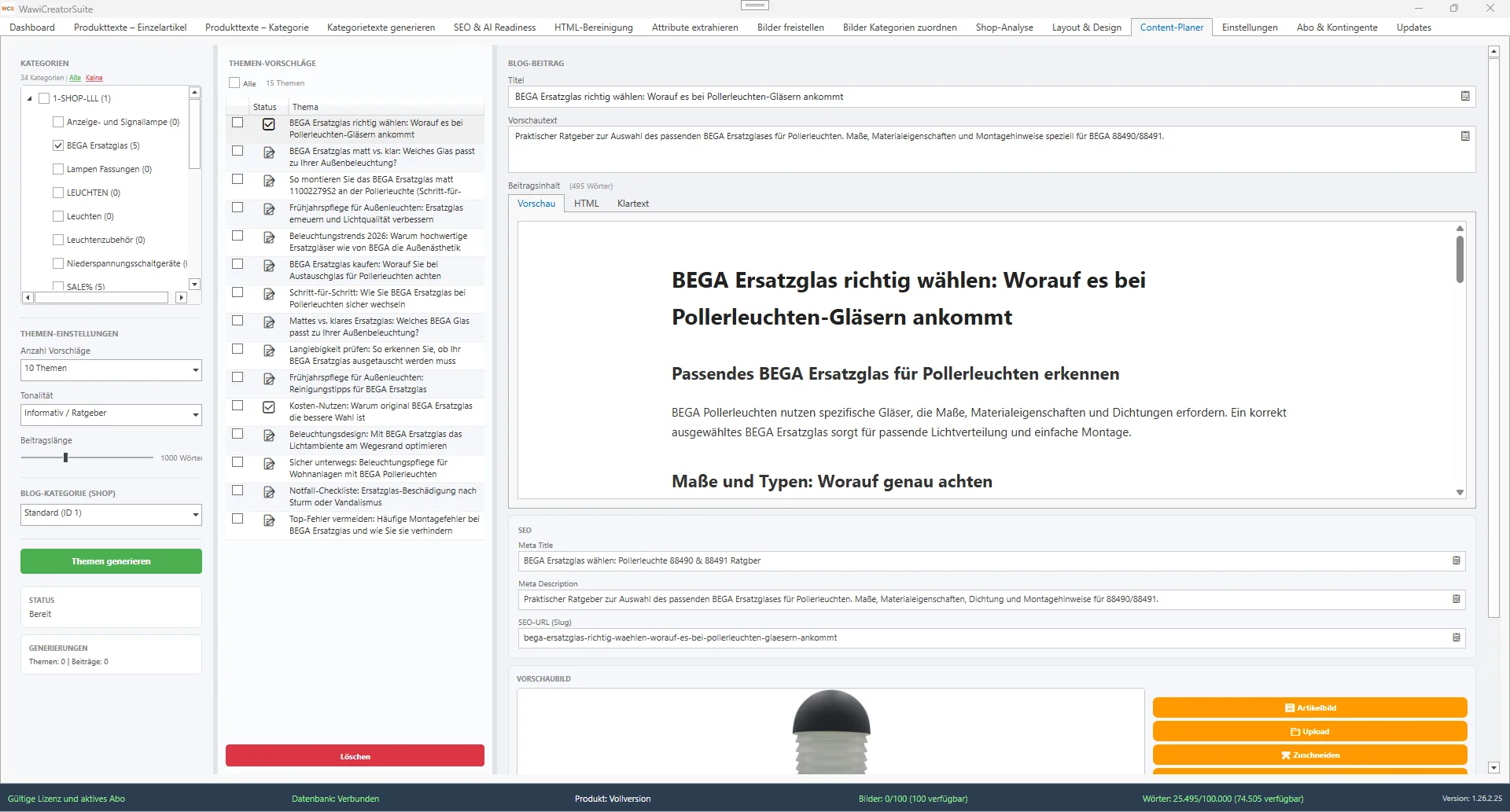 WawiCreatorSuite Content-Planer generiert Newsbeitraege mit Titel, Meta-Daten und interner Verlinkung