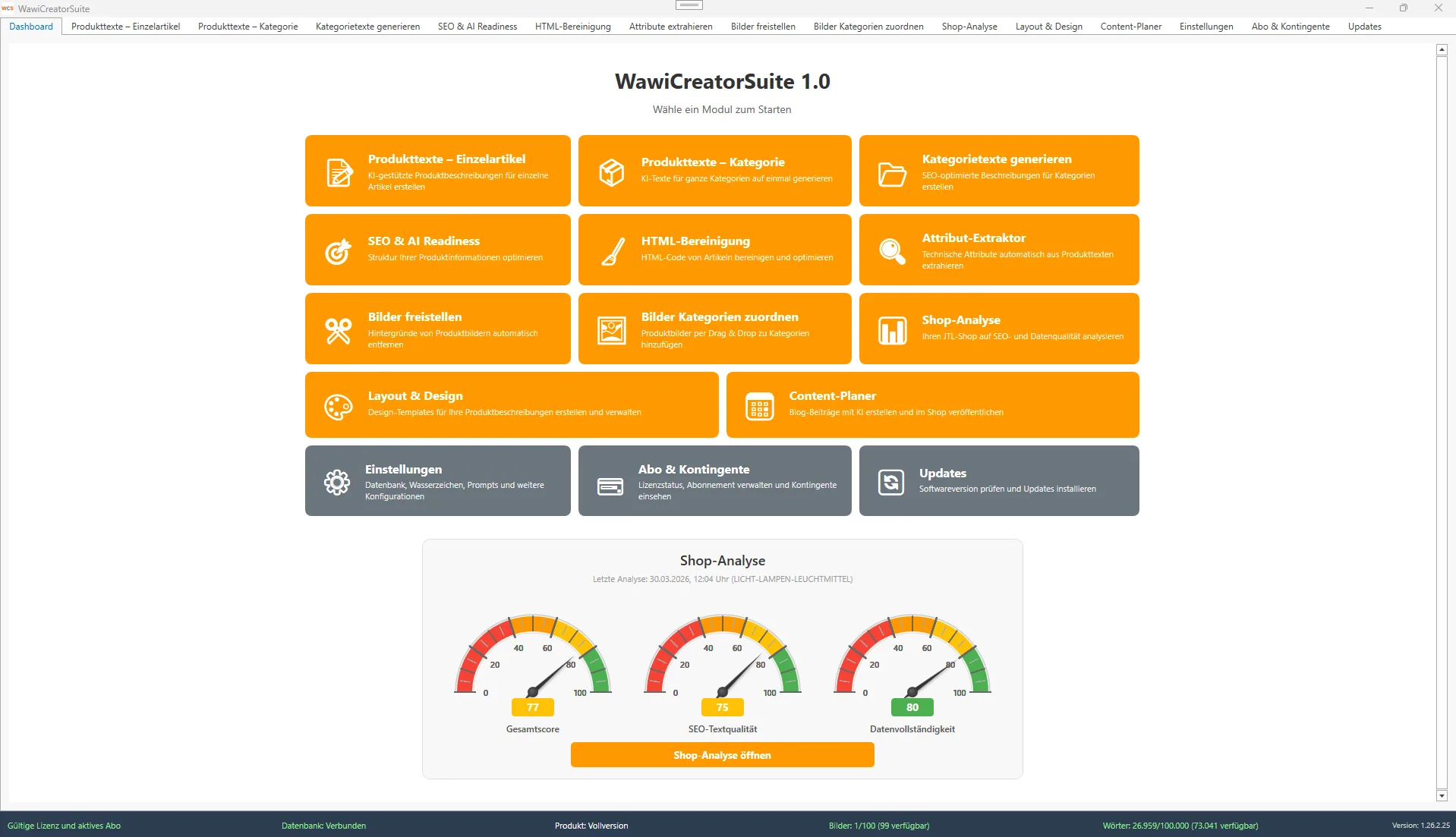 WawiCreatorSuite Dashboard mit Shop-Analyse und SEO-Scores