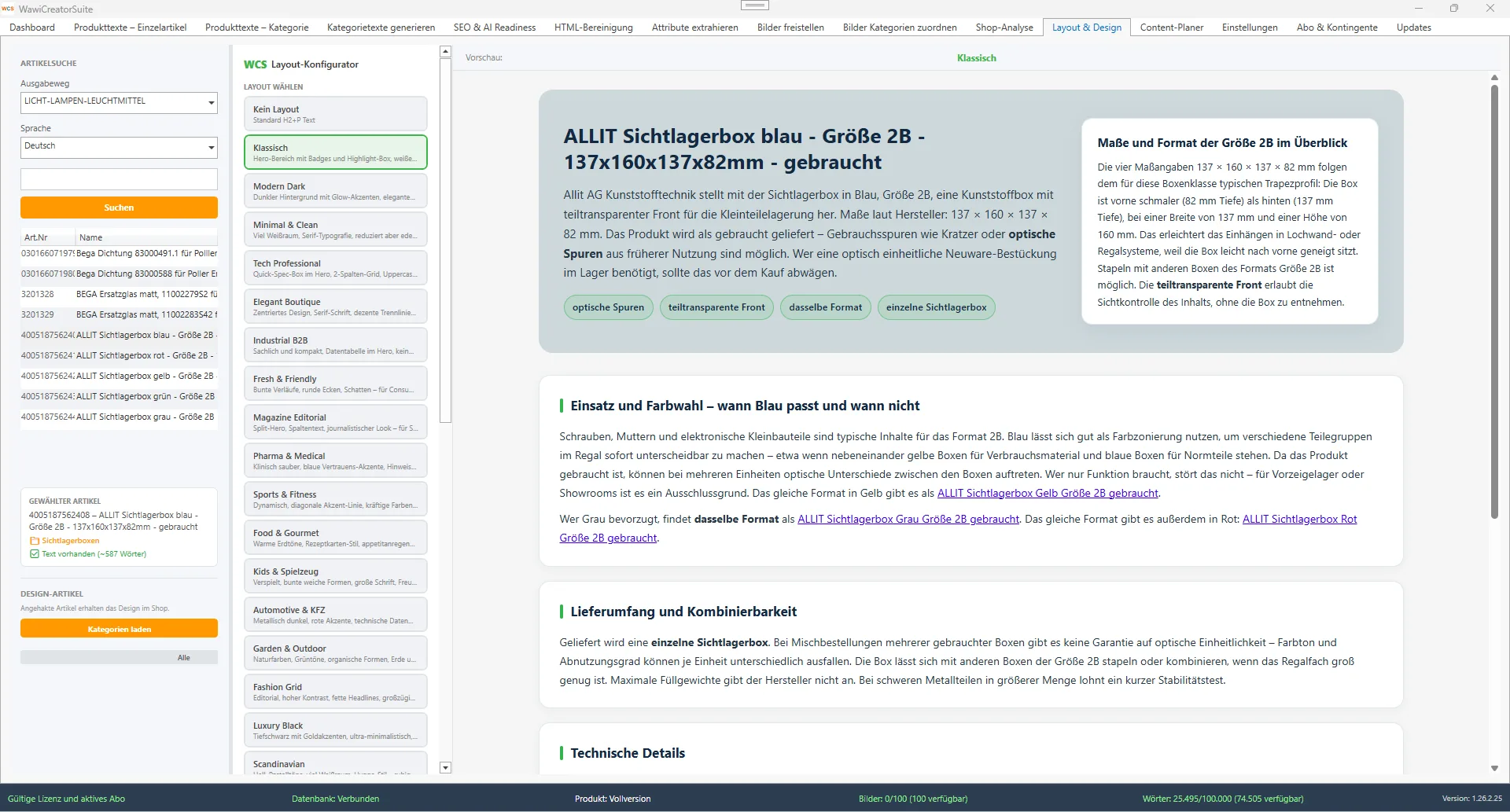 WawiCreatorSuite Layout und Design zeigt Vorlagensammlung mit Live-Vorschau fuer professionelle Produktseiten