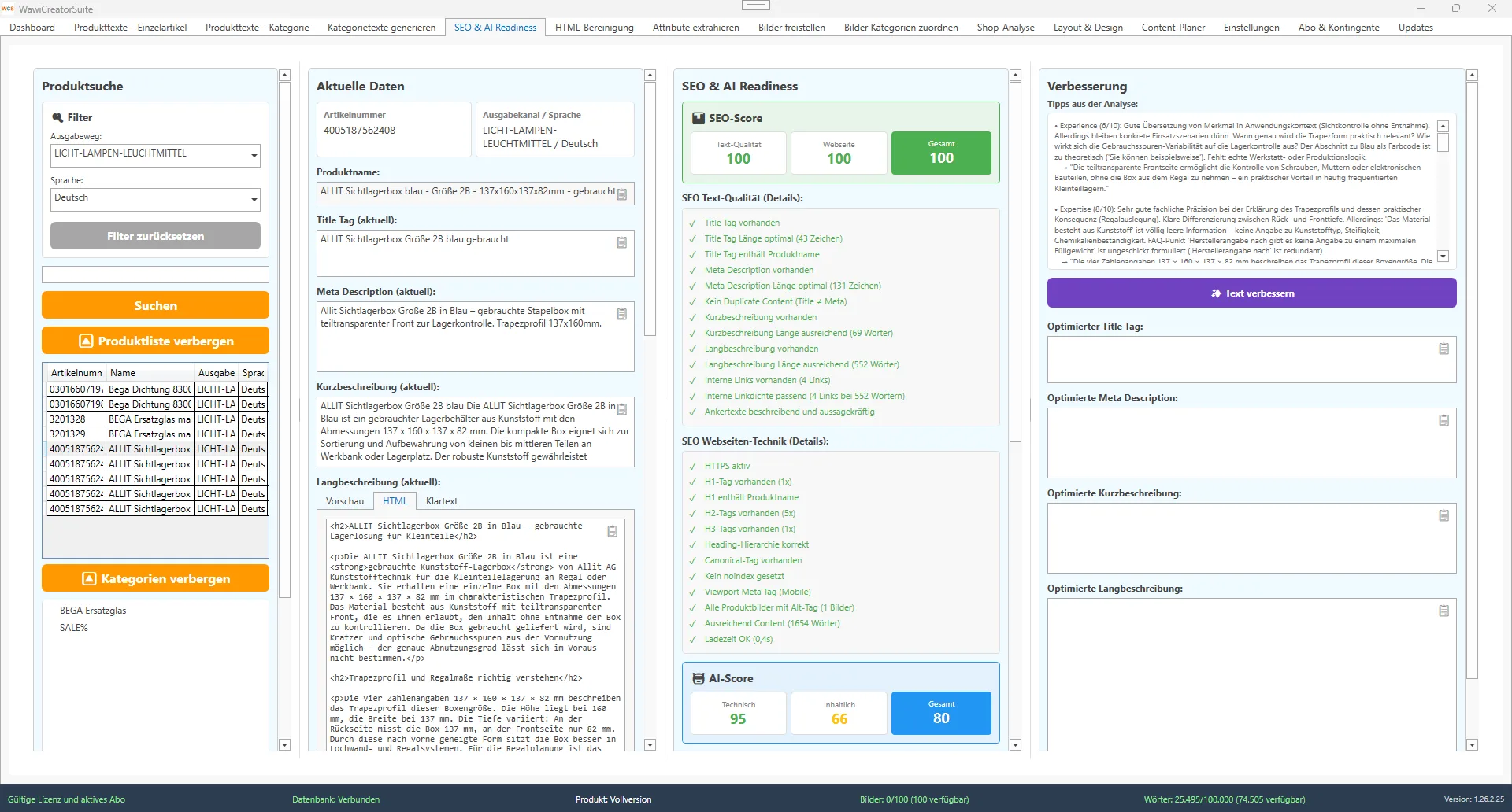 WawiCreatorSuite SEO-Score-Analyse mit detaillierter Bewertung von 35 SEO-Kriterien und AI-Readiness-Check