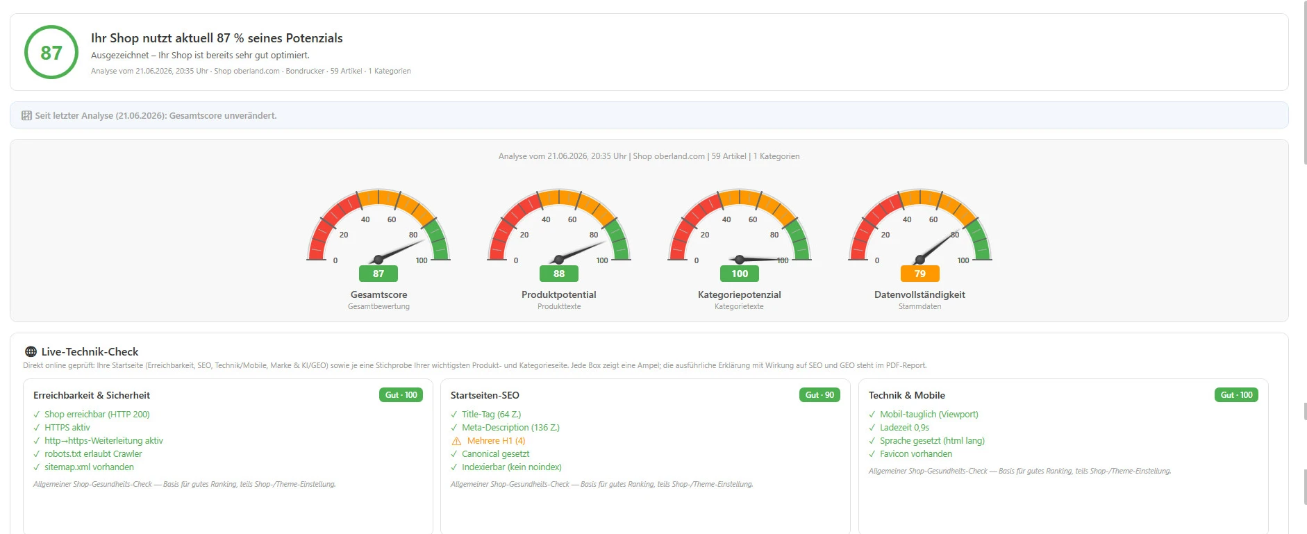 WawiCreatorSuite Shop-Analyse zeigt vier Scores, Live-Technik-Check und priorisierte Optimierungslisten mit PDF-Report